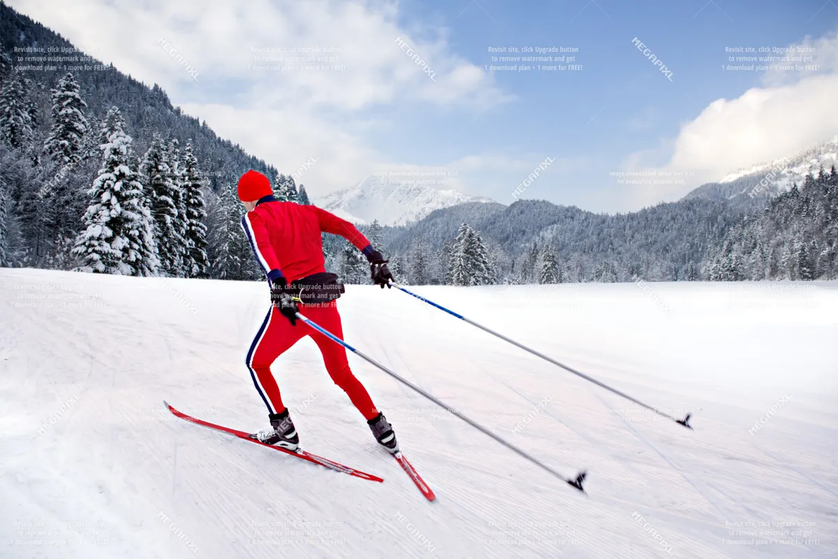 An adventurous winter scene with a cross-country skier gliding through fresh snow, surrounded by a majestic mountain backdrop and a serene, snow-covered landscape.