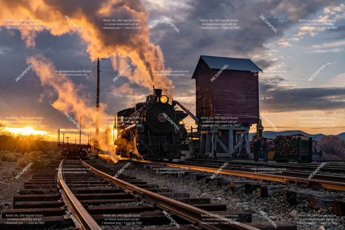 An evocative scene of a vintage steam locomotive at sunset, with an old wooden structure in the background. The image captures the adventurous spirit and historical richness of Baker City, tying in both heritage and local attractions.